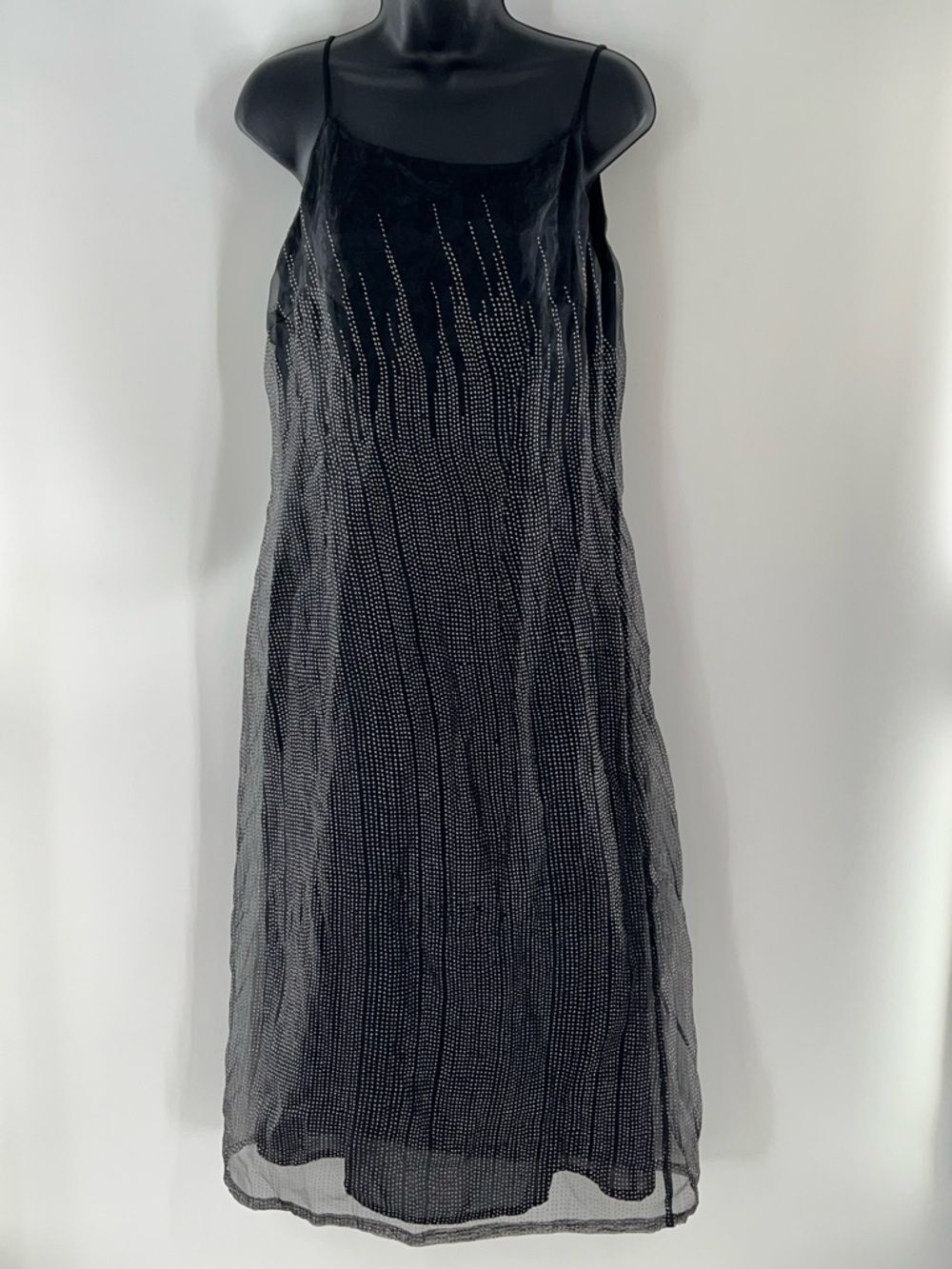 Linea Black Rhinestone-Trim Midi Slip Dress with Spaghetti Straps-Size 12